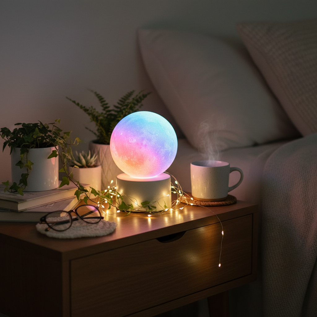 Starry moon lamp glowing with RGB colors on a cozy bedroom nightstand