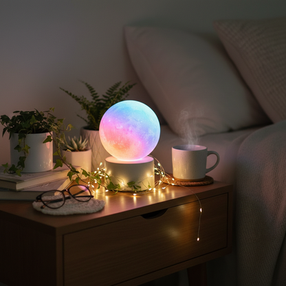 Starry moon lamp glowing with RGB colors on a cozy bedroom nightstand