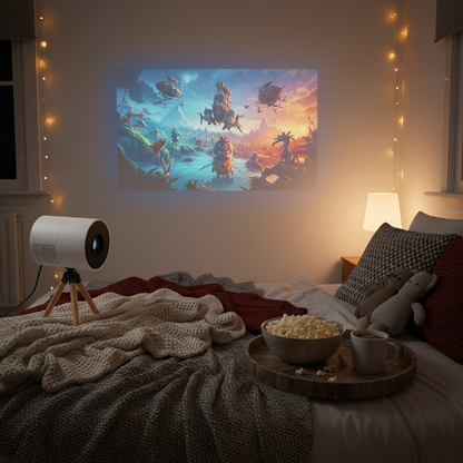 Compact mini projector projecting a movie onto a bedroom wall with cozy blanket setup