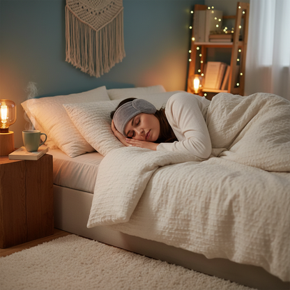 Person sleeping peacefully wearing a soft Bluetooth sleep headband