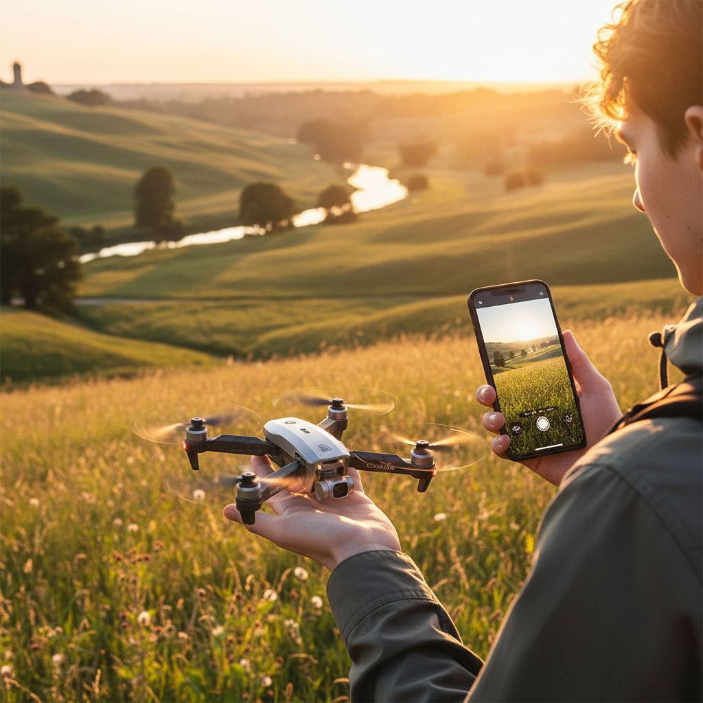 Foldable drone launching from hand at golden hour in a scenic park